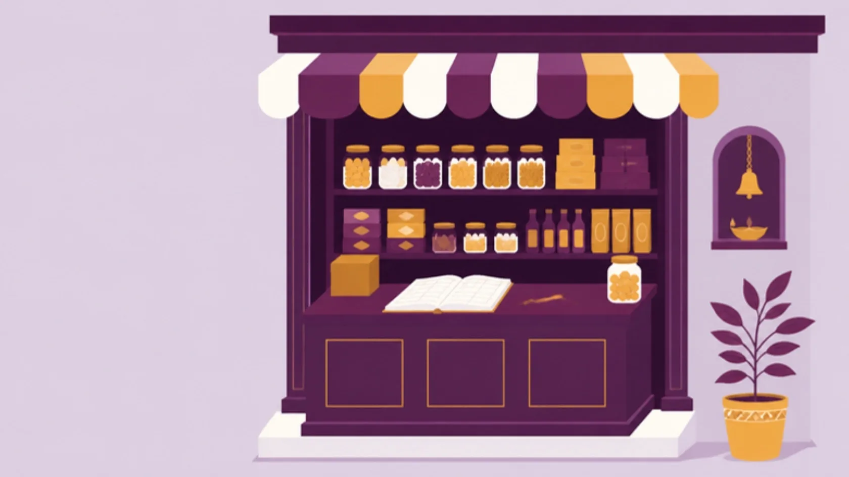 Illustration of a small neighbourhood shop with an open ledger on the counter